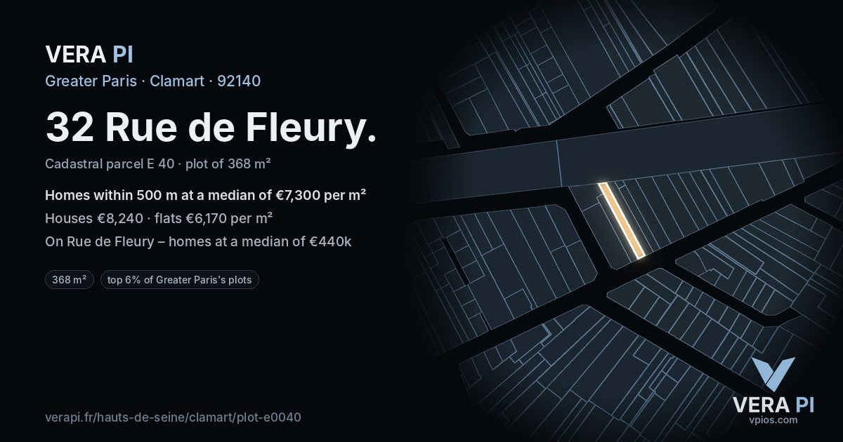 32 Rue de Fleury, Clamart at night – the plot lit, the parcels around coloured by the prices near them