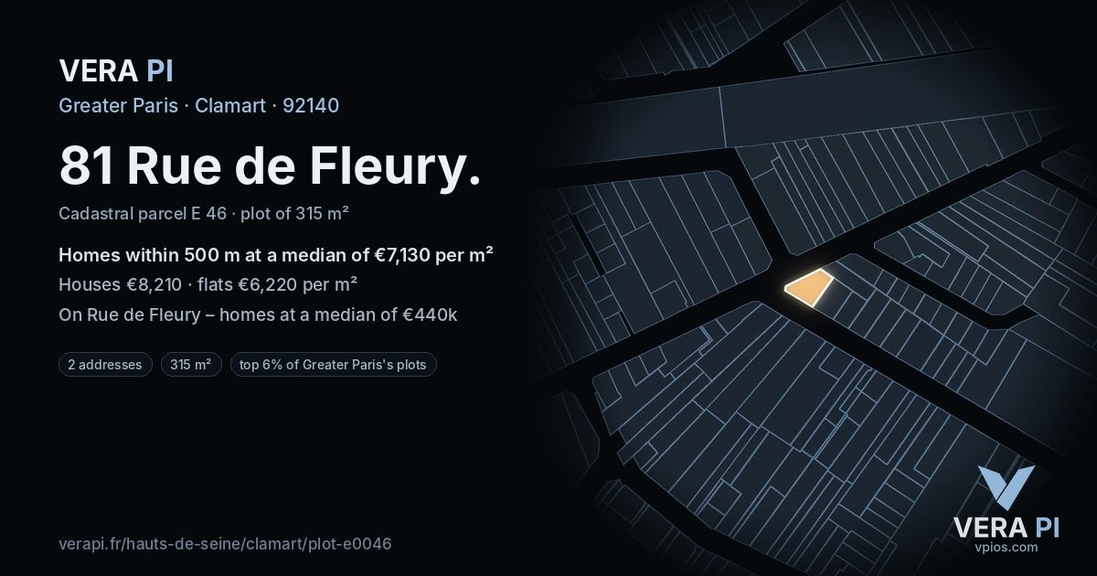 81 Rue de Fleury, Clamart at night – the plot lit, the parcels around coloured by the prices near them