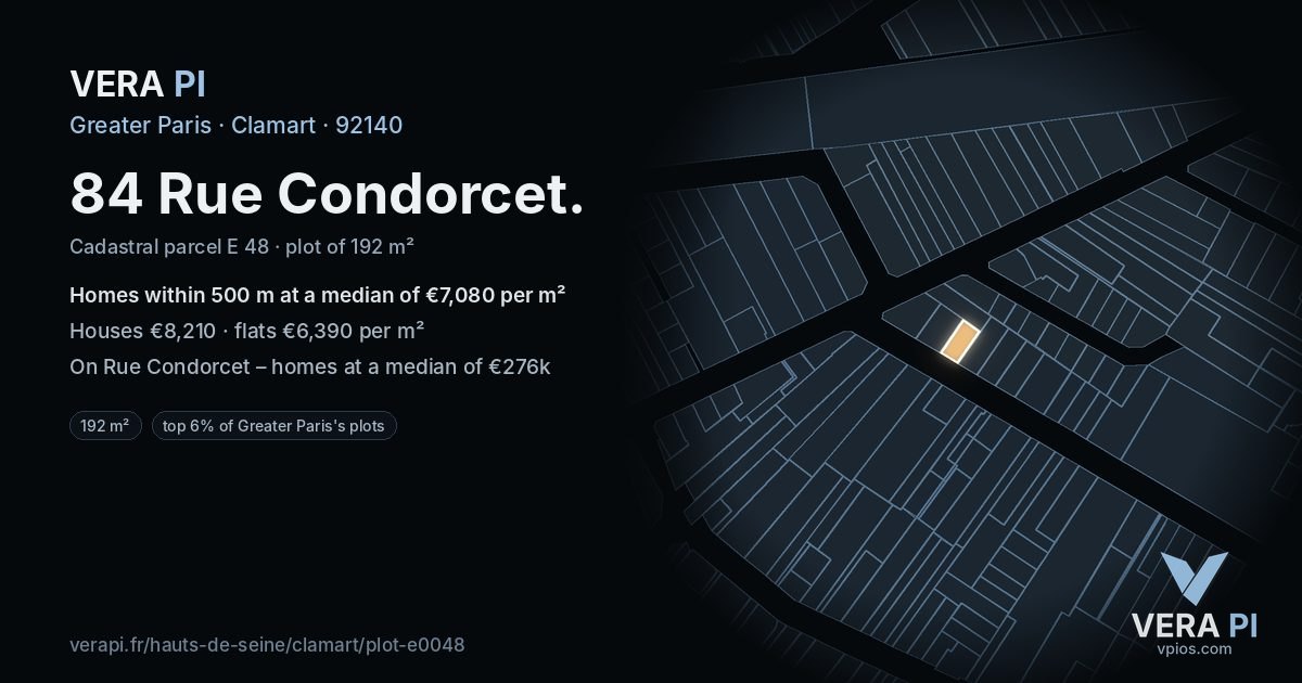 84 Rue Condorcet, Clamart at night – the plot lit, the parcels around coloured by the prices near them