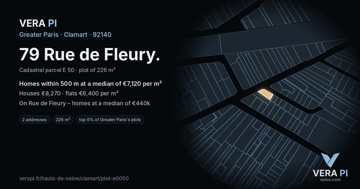 79 Rue de Fleury, Clamart at night – the plot lit, the parcels around coloured by the prices near them