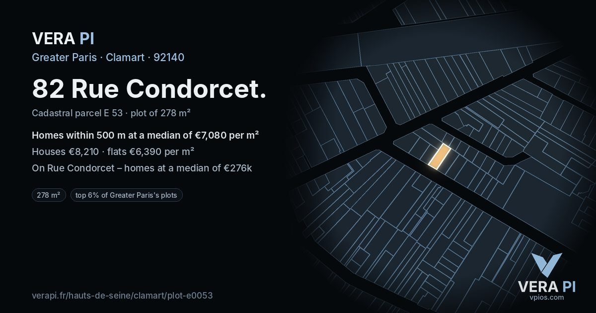 82 Rue Condorcet, Clamart at night – the plot lit, the parcels around coloured by the prices near them