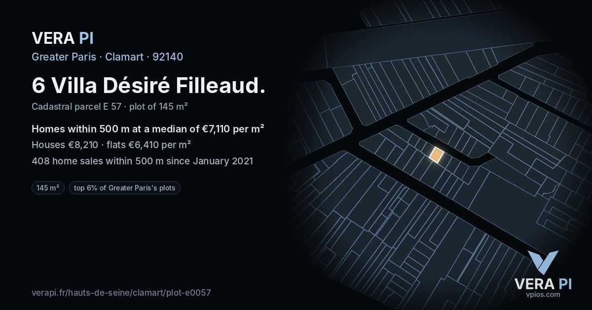 6 Villa Désiré Filleaud, Clamart at night – the plot lit, the parcels around coloured by the prices near them