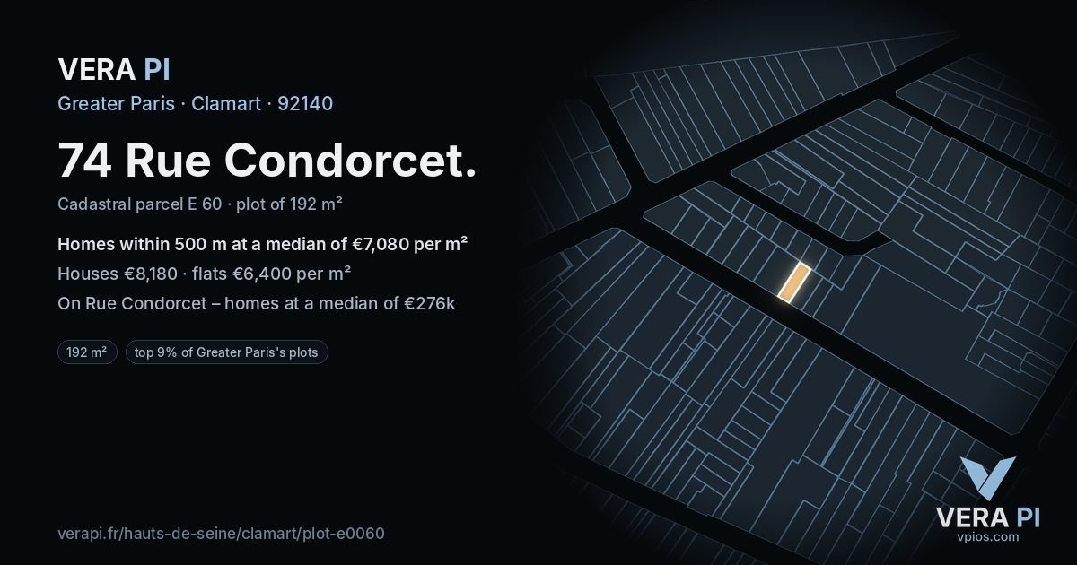 74 Rue Condorcet, Clamart at night – the plot lit, the parcels around coloured by the prices near them