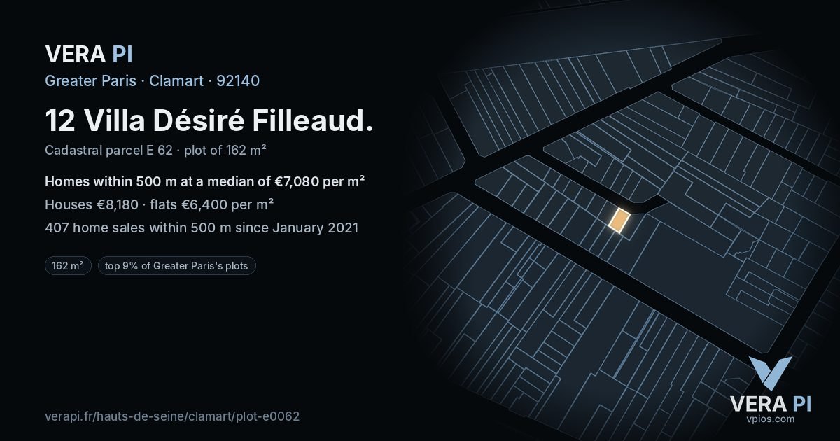 12 Villa Désiré Filleaud, Clamart at night – the plot lit, the parcels around coloured by the prices near them