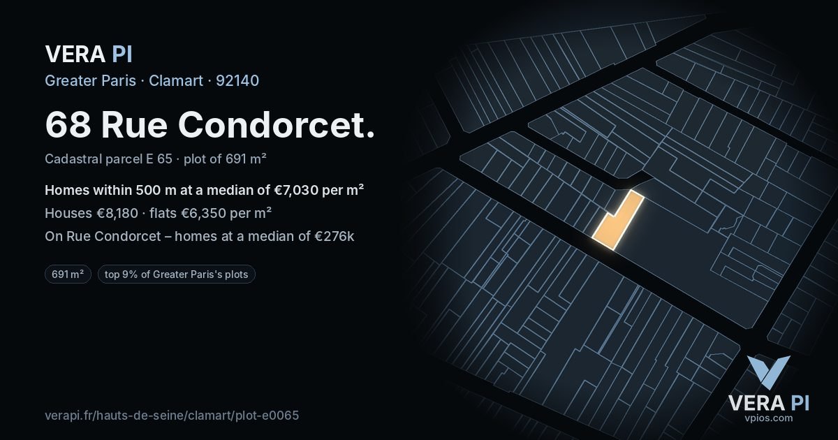 68 Rue Condorcet, Clamart at night – the plot lit, the parcels around coloured by the prices near them