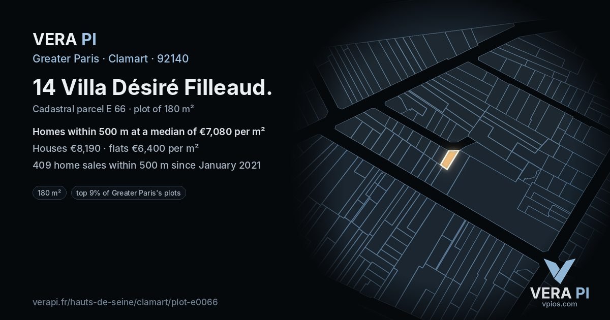 14 Villa Désiré Filleaud, Clamart at night – the plot lit, the parcels around coloured by the prices near them