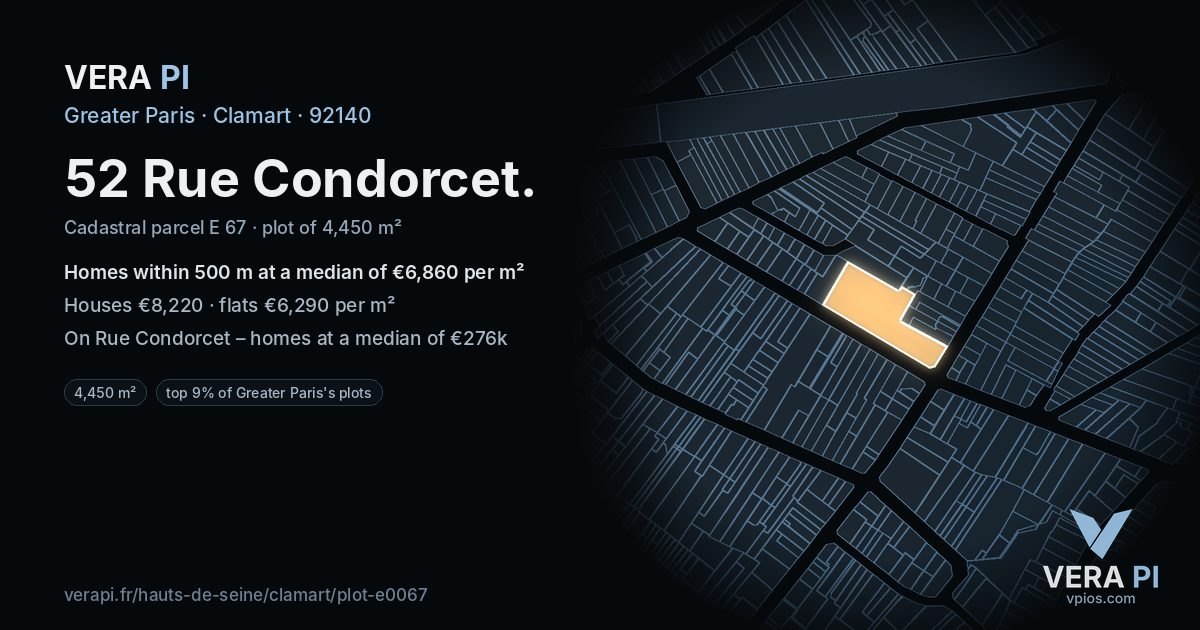 52 Rue Condorcet, Clamart at night – the plot lit, the parcels around coloured by the prices near them