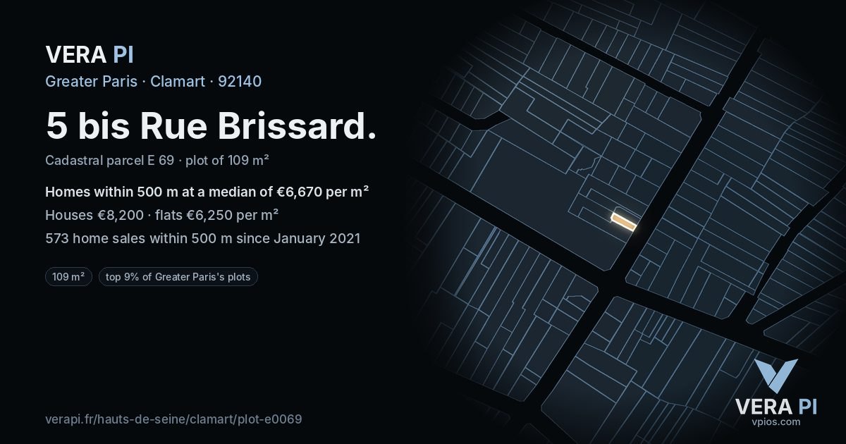 5 bis Rue Brissard, Clamart at night – the plot lit, the parcels around coloured by the prices near them