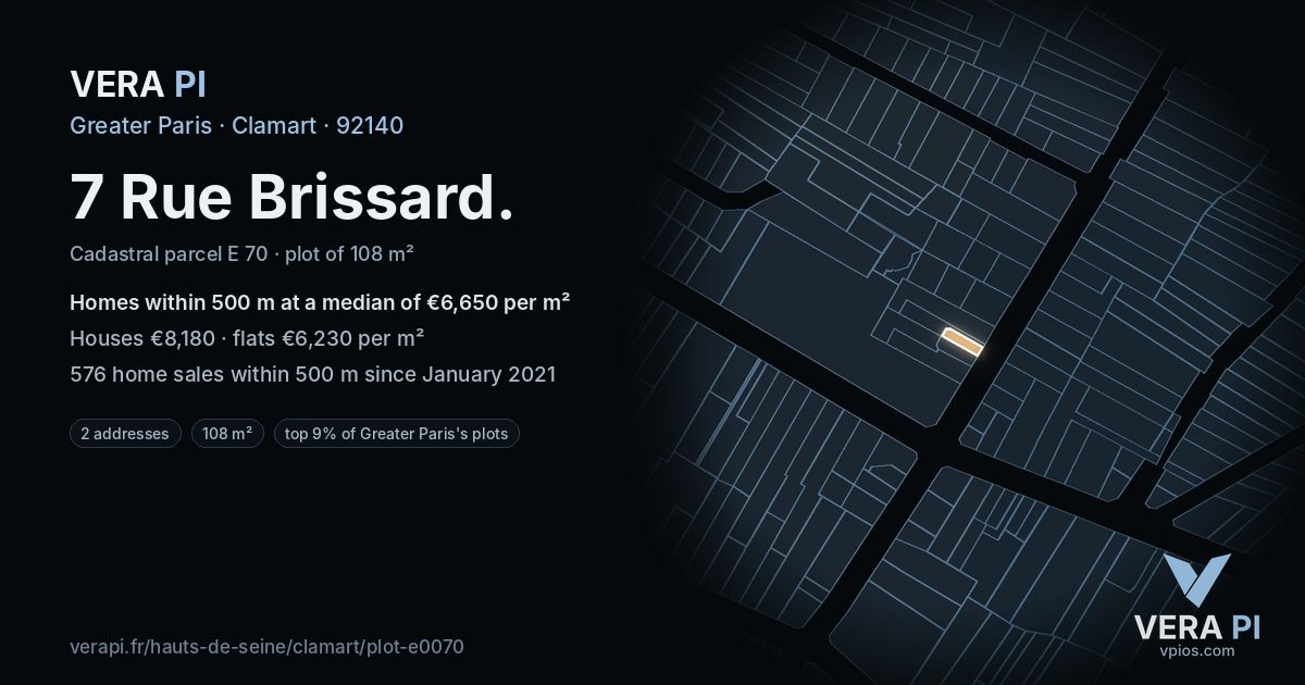 7 Rue Brissard, Clamart at night – the plot lit, the parcels around coloured by the prices near them