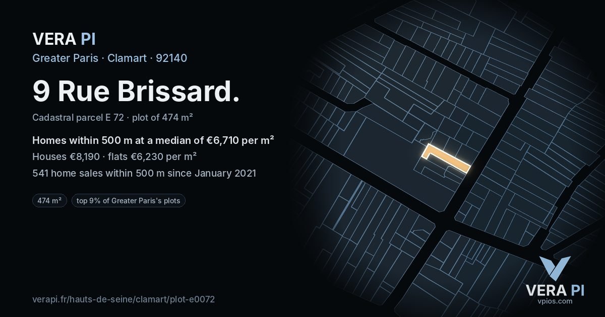 9 Rue Brissard, Clamart at night – the plot lit, the parcels around coloured by the prices near them