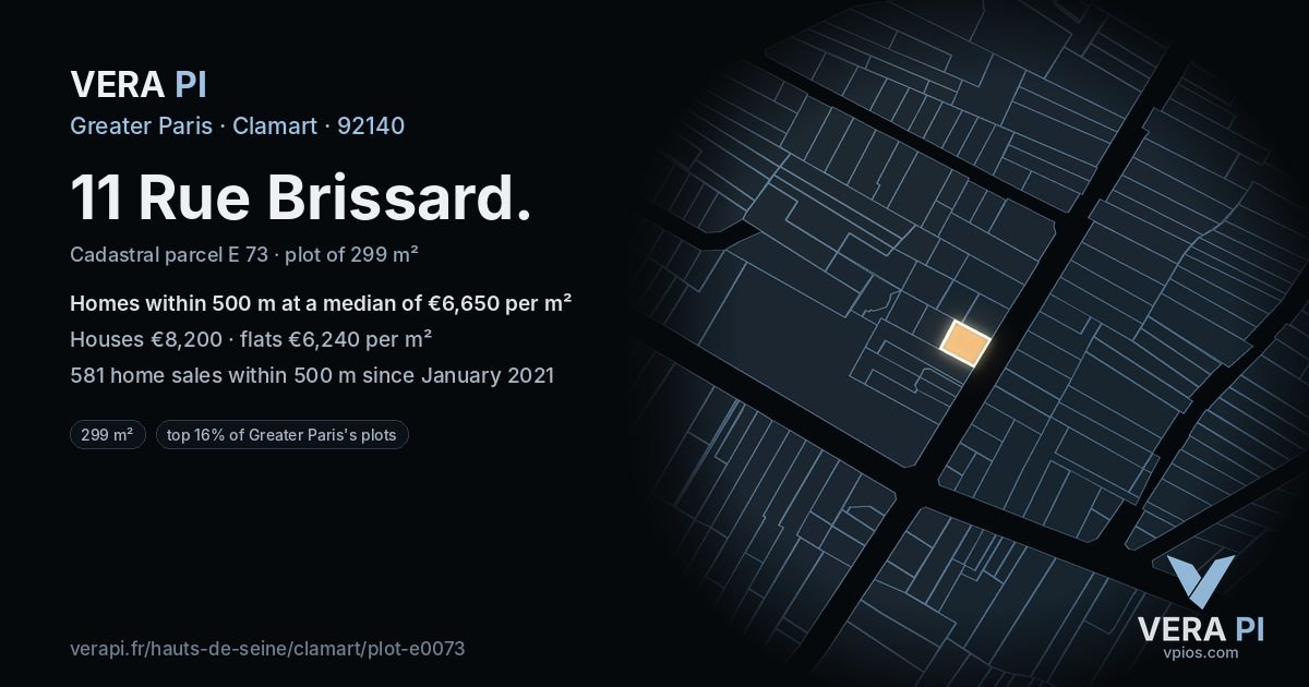11 Rue Brissard, Clamart at night – the plot lit, the parcels around coloured by the prices near them