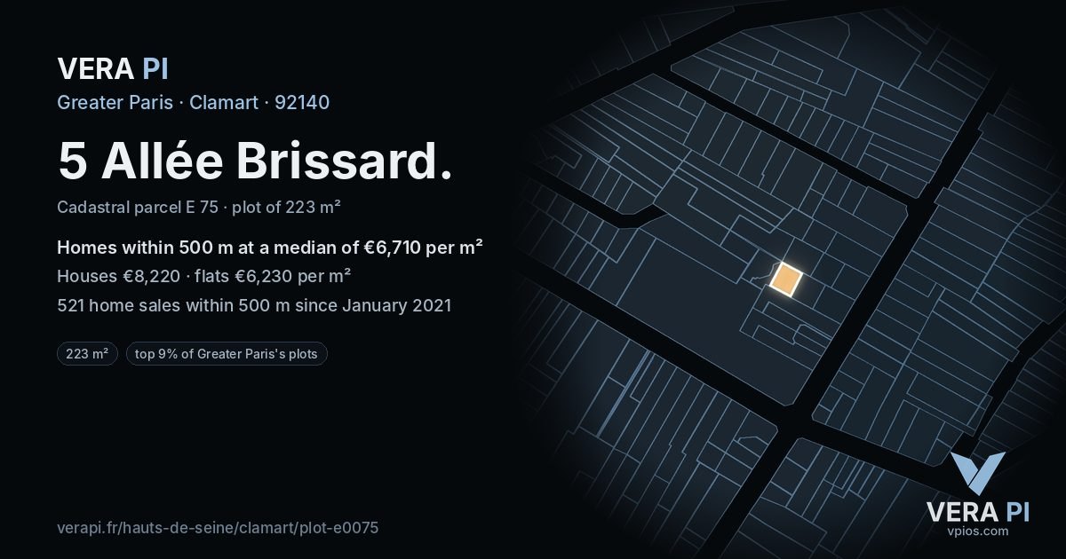 5 Allée Brissard, Clamart at night – the plot lit, the parcels around coloured by the prices near them