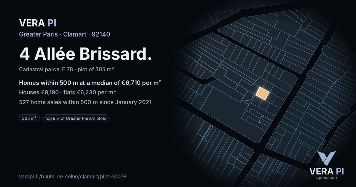 4 Allée Brissard, Clamart at night – the plot lit, the parcels around coloured by the prices near them