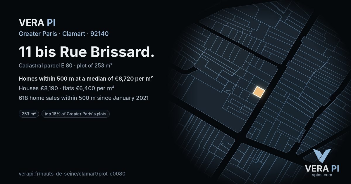 11 bis Rue Brissard, Clamart at night – the plot lit, the parcels around coloured by the prices near them