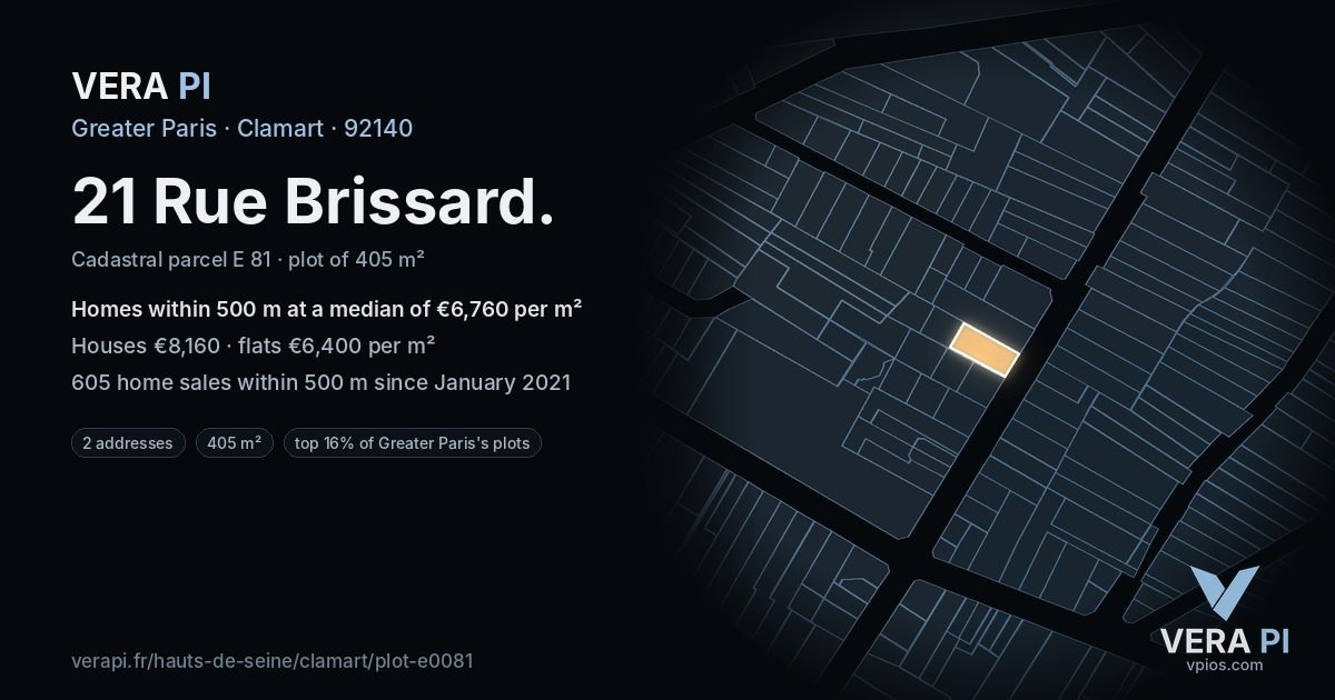 21 Rue Brissard, Clamart at night – the plot lit, the parcels around coloured by the prices near them