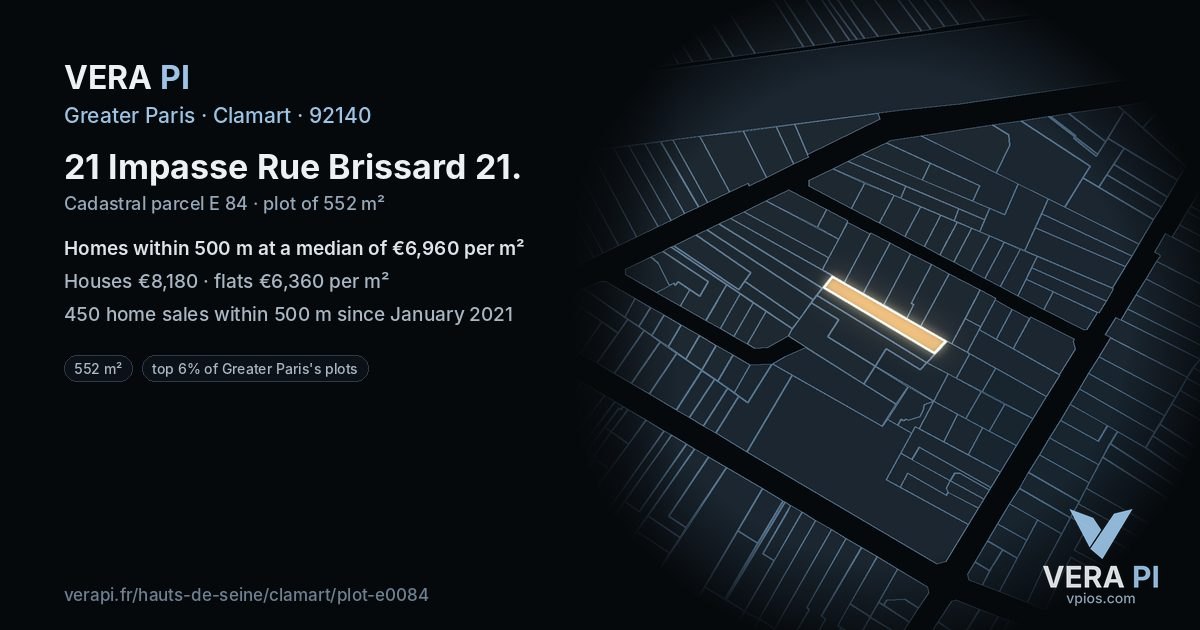 21 Impasse Rue Brissard 21, Clamart at night – the plot lit, the parcels around coloured by the prices near them