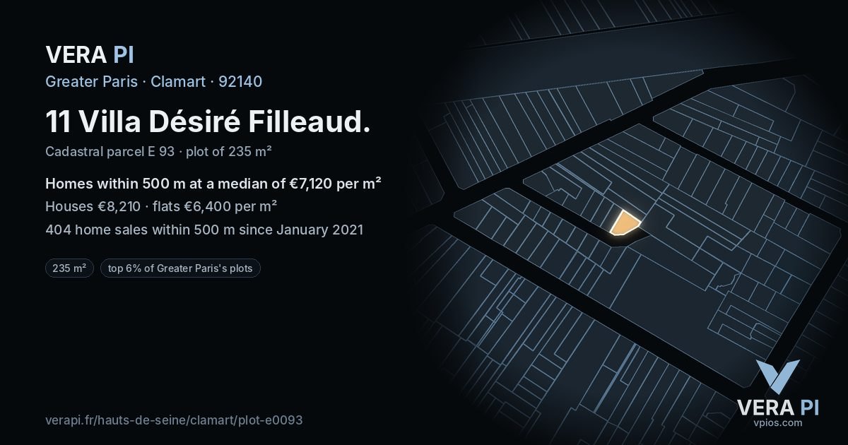 11 Villa Désiré Filleaud, Clamart at night – the plot lit, the parcels around coloured by the prices near them