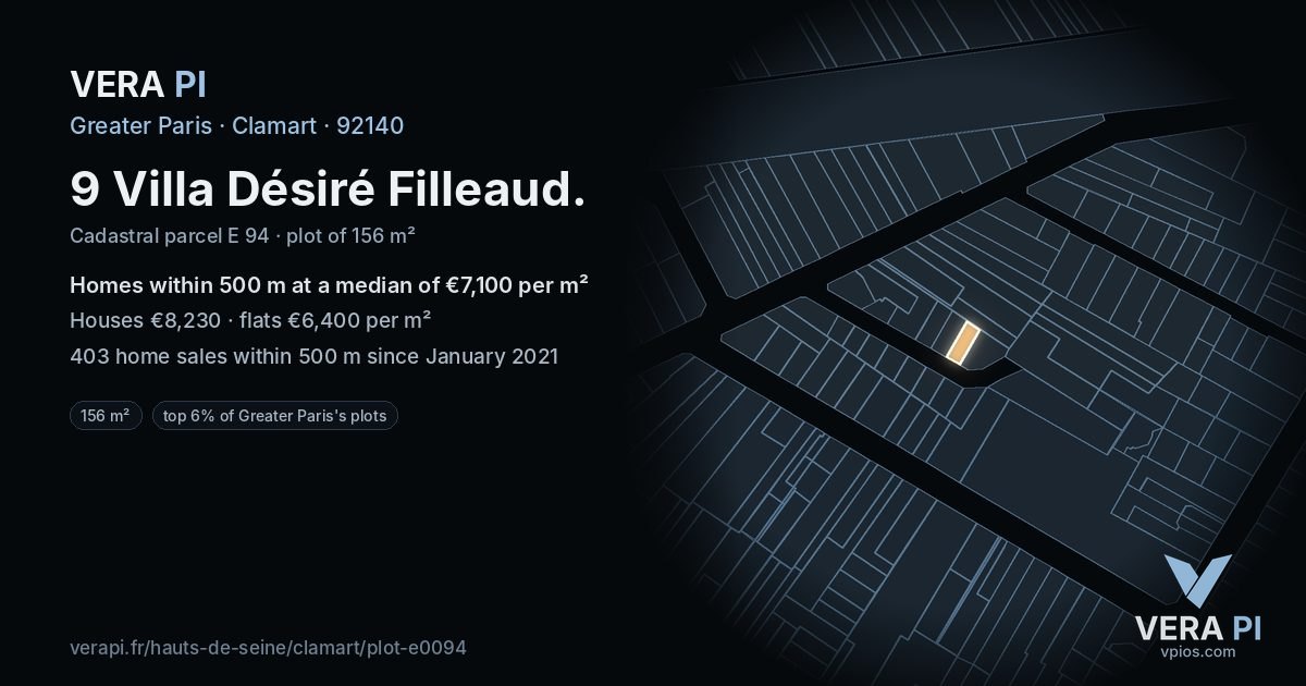 9 Villa Désiré Filleaud, Clamart at night – the plot lit, the parcels around coloured by the prices near them