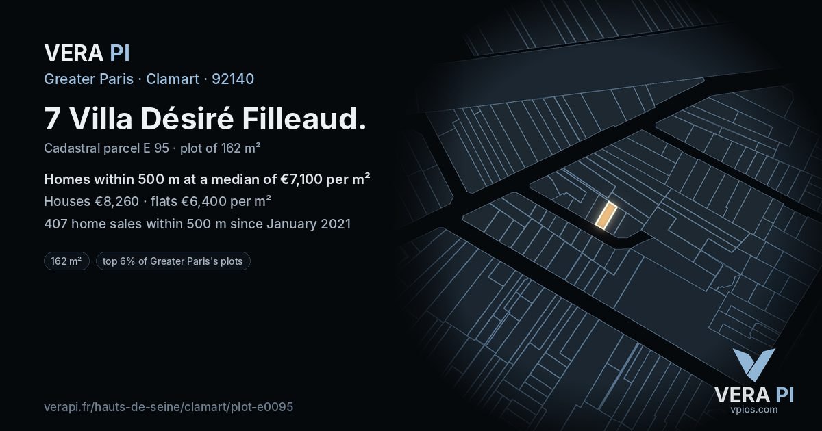 7 Villa Désiré Filleaud, Clamart at night – the plot lit, the parcels around coloured by the prices near them