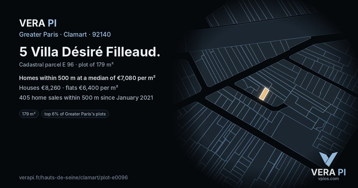 5 Villa Désiré Filleaud, Clamart at night – the plot lit, the parcels around coloured by the prices near them