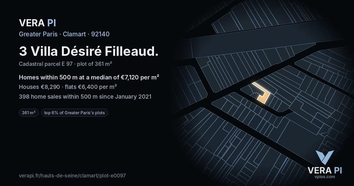 3 Villa Désiré Filleaud, Clamart at night – the plot lit, the parcels around coloured by the prices near them