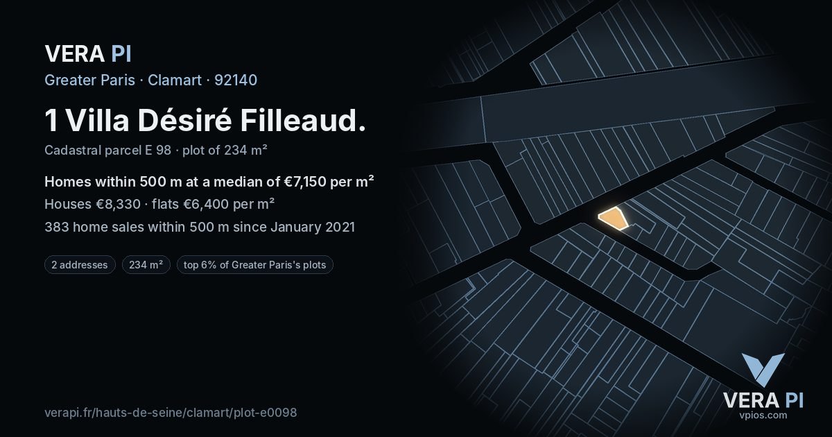 1 Villa Désiré Filleaud, Clamart at night – the plot lit, the parcels around coloured by the prices near them
