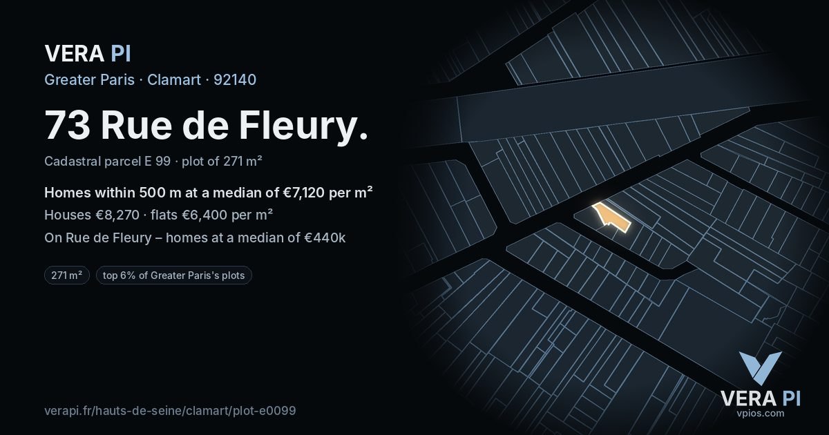 73 Rue de Fleury, Clamart at night – the plot lit, the parcels around coloured by the prices near them