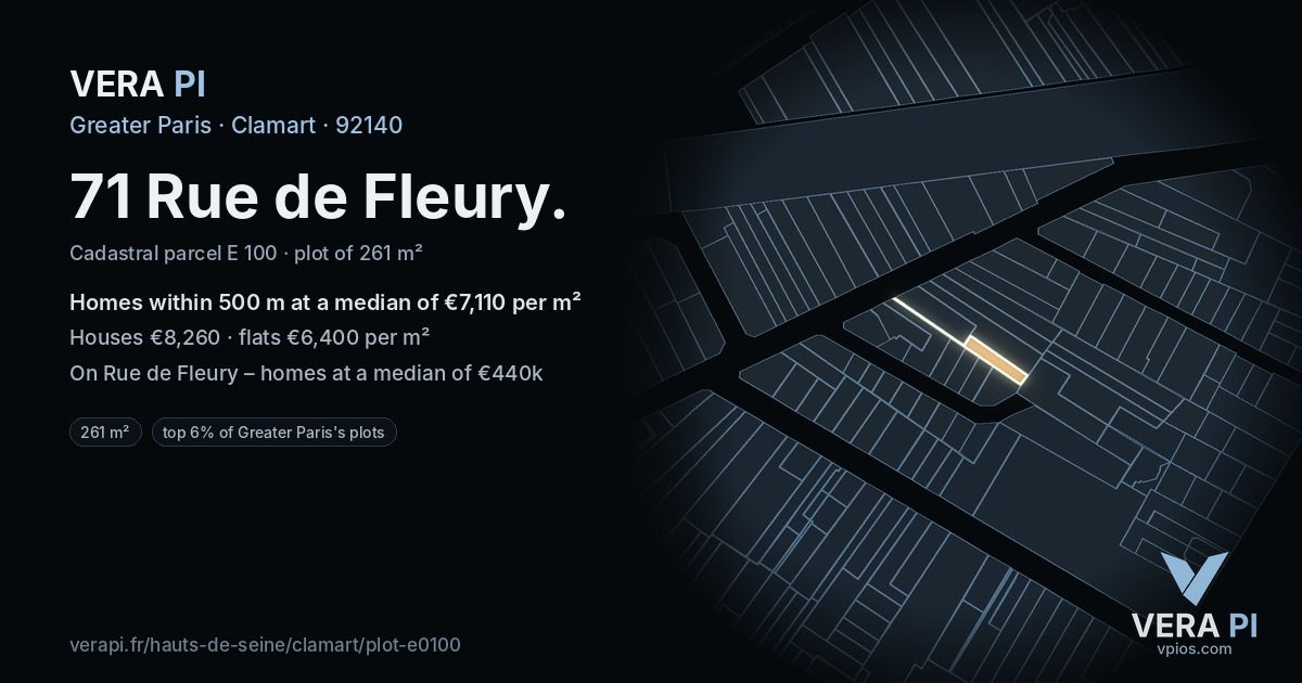 71 Rue de Fleury, Clamart at night – the plot lit, the parcels around coloured by the prices near them
