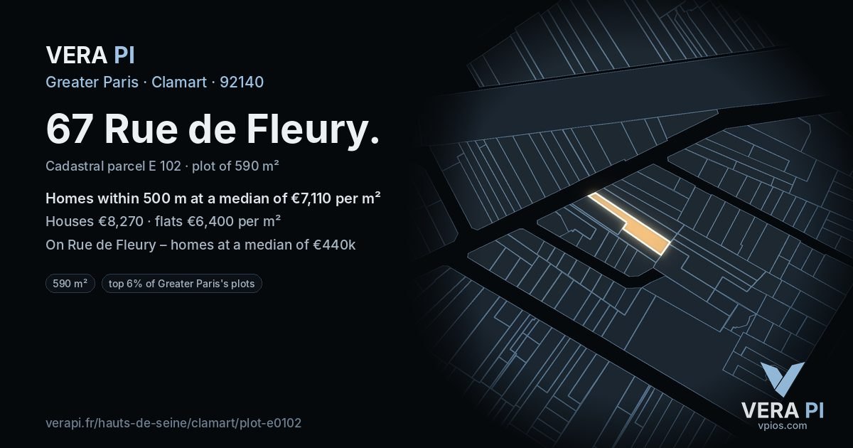 67 Rue de Fleury, Clamart at night – the plot lit, the parcels around coloured by the prices near them