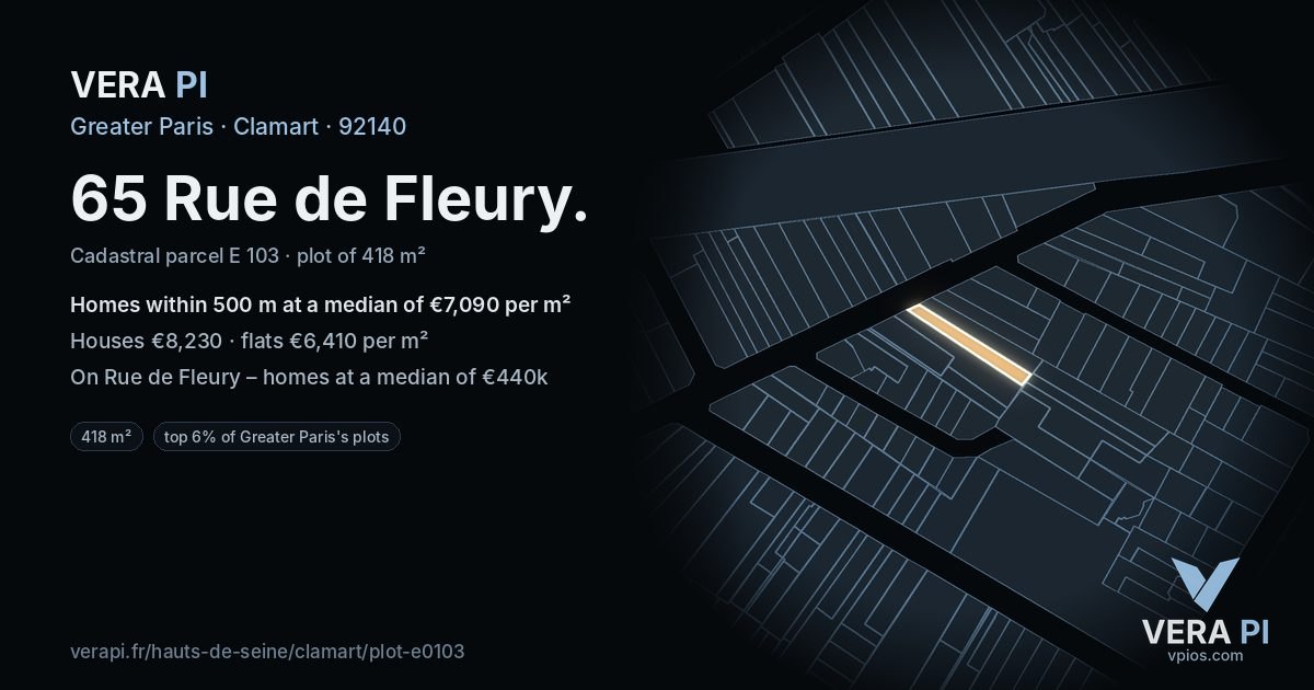 65 Rue de Fleury, Clamart at night – the plot lit, the parcels around coloured by the prices near them