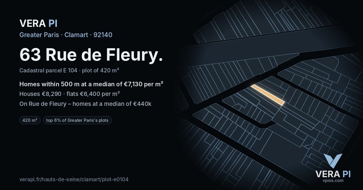 63 Rue de Fleury, Clamart at night – the plot lit, the parcels around coloured by the prices near them