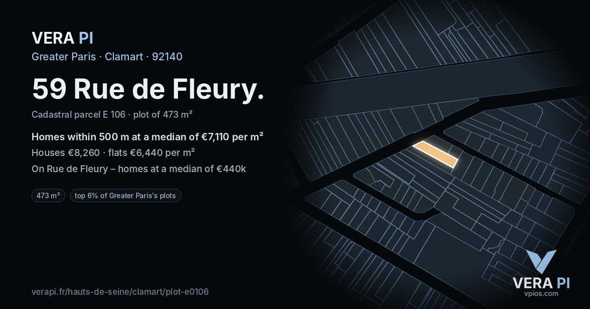 59 Rue de Fleury, Clamart at night – the plot lit, the parcels around coloured by the prices near them