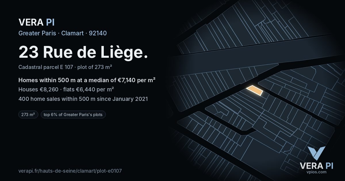 23 Rue de Liège, Clamart at night – the plot lit, the parcels around coloured by the prices near them