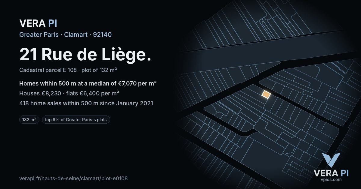 21 Rue de Liège, Clamart at night – the plot lit, the parcels around coloured by the prices near them