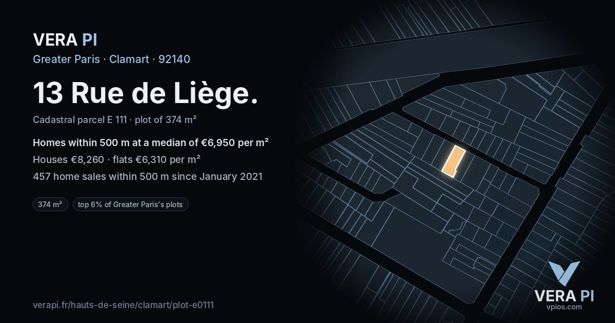 13 Rue de Liège, Clamart at night – the plot lit, the parcels around coloured by the prices near them