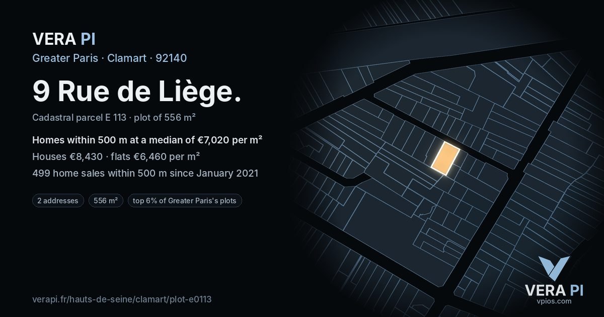 9 Rue de Liège, Clamart at night – the plot lit, the parcels around coloured by the prices near them