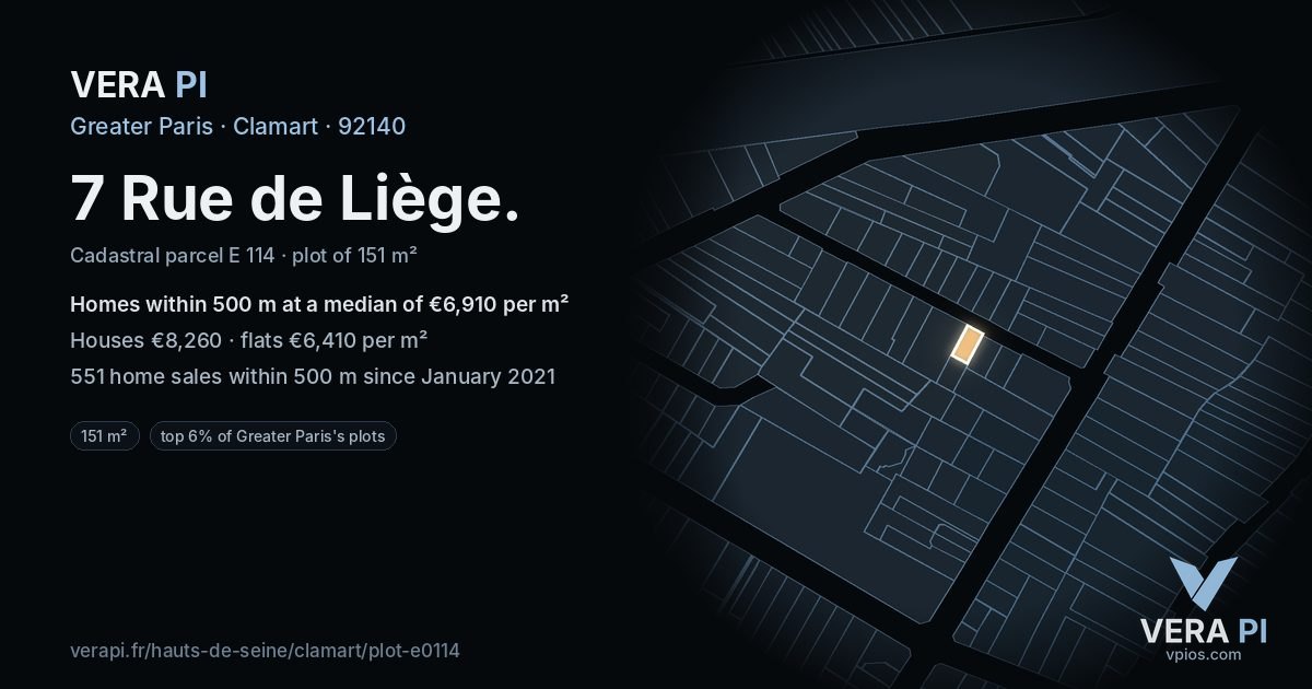 7 Rue de Liège, Clamart at night – the plot lit, the parcels around coloured by the prices near them