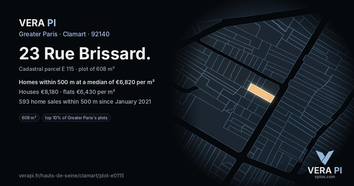 23 Rue Brissard, Clamart at night – the plot lit, the parcels around coloured by the prices near them