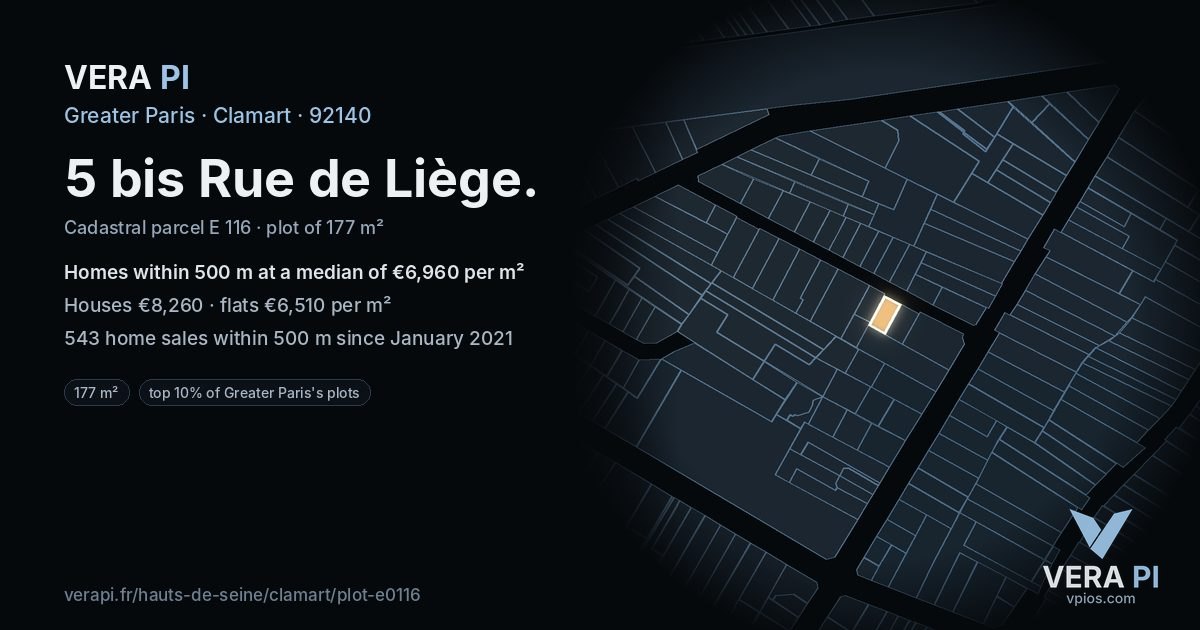 5 bis Rue de Liège, Clamart at night – the plot lit, the parcels around coloured by the prices near them