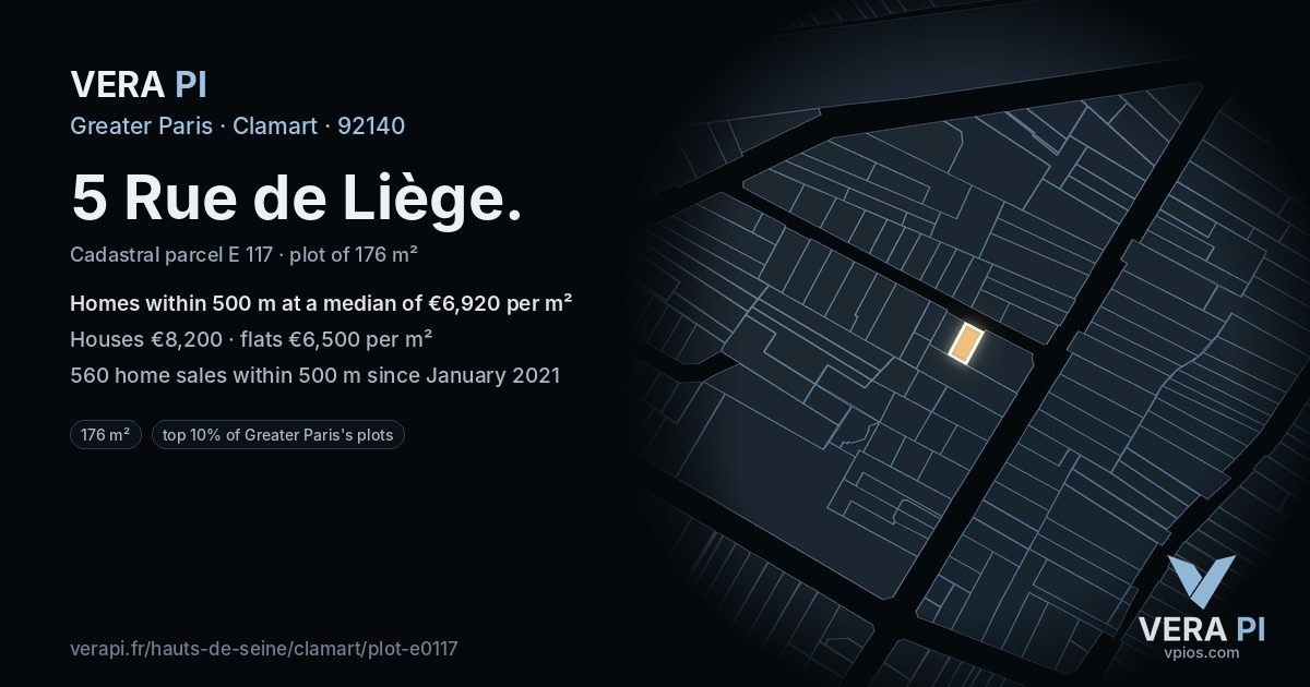 5 Rue de Liège, Clamart at night – the plot lit, the parcels around coloured by the prices near them