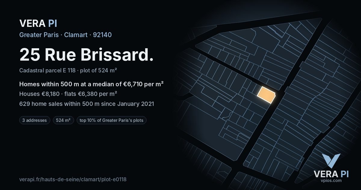 25 Rue Brissard, Clamart at night – the plot lit, the parcels around coloured by the prices near them