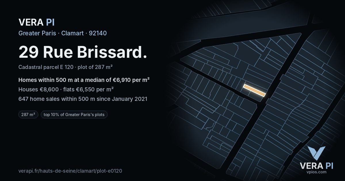 29 Rue Brissard, Clamart at night – the plot lit, the parcels around coloured by the prices near them
