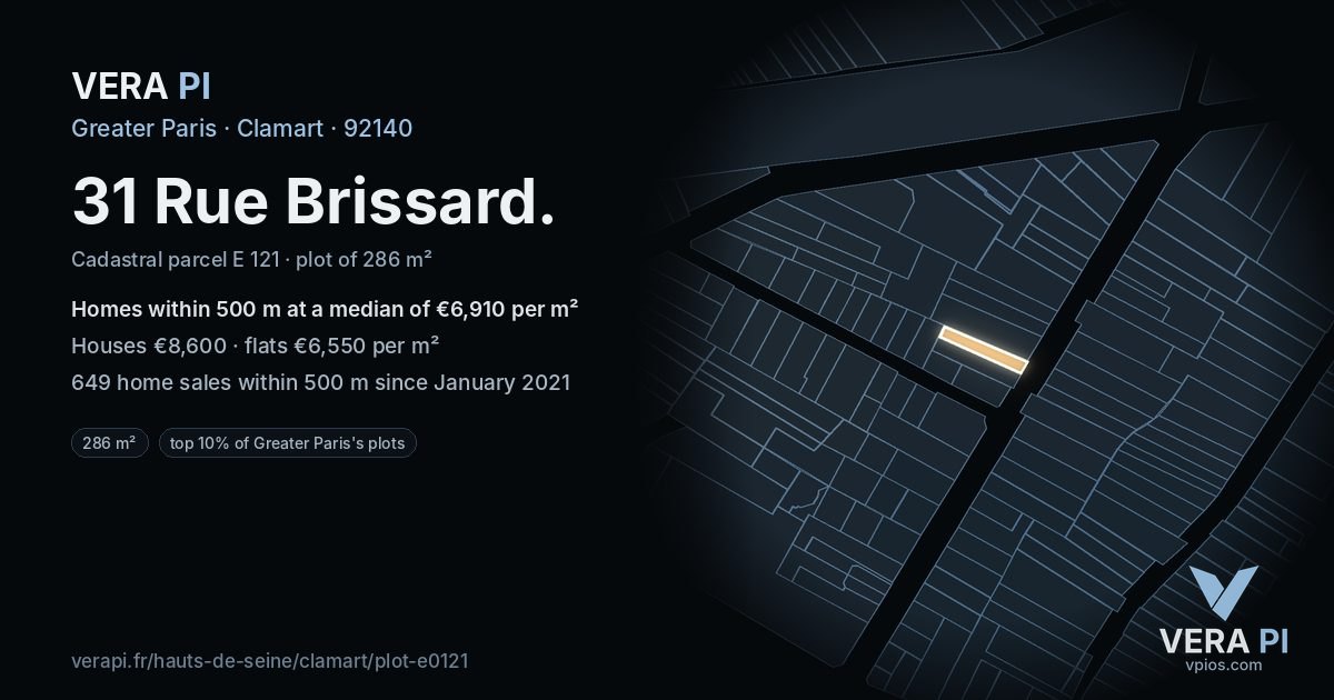 31 Rue Brissard, Clamart at night – the plot lit, the parcels around coloured by the prices near them