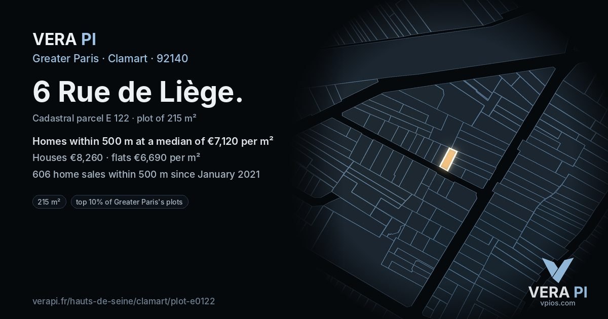 6 Rue de Liège, Clamart at night – the plot lit, the parcels around coloured by the prices near them