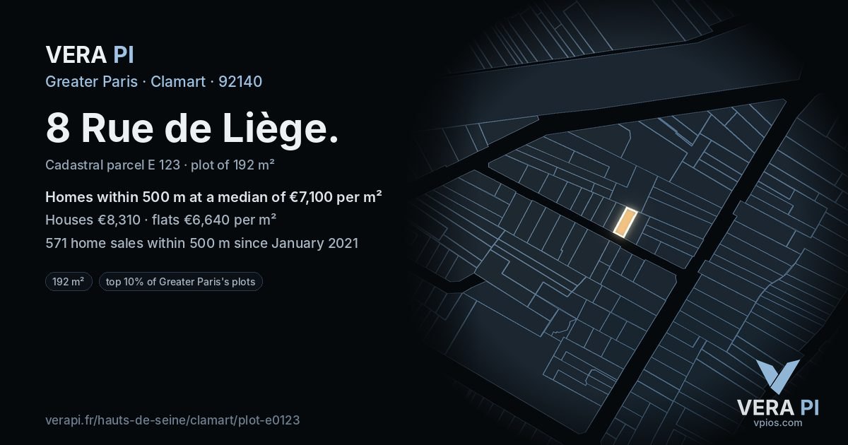 8 Rue de Liège, Clamart at night – the plot lit, the parcels around coloured by the prices near them