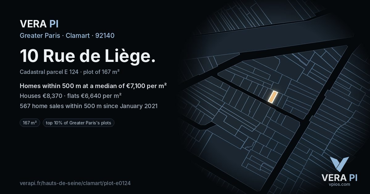 10 Rue de Liège, Clamart at night – the plot lit, the parcels around coloured by the prices near them