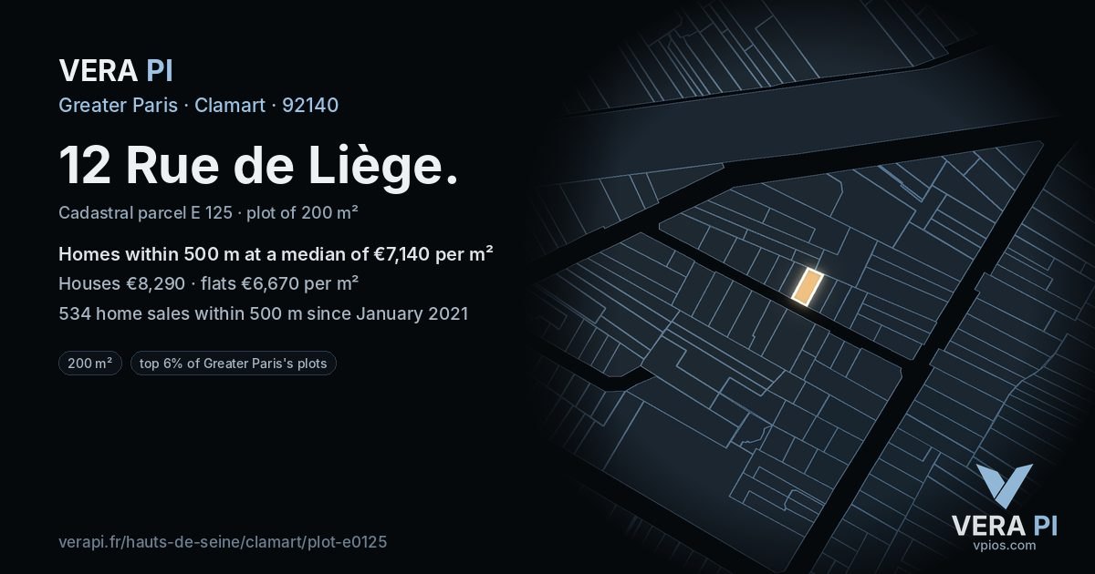 12 Rue de Liège, Clamart at night – the plot lit, the parcels around coloured by the prices near them