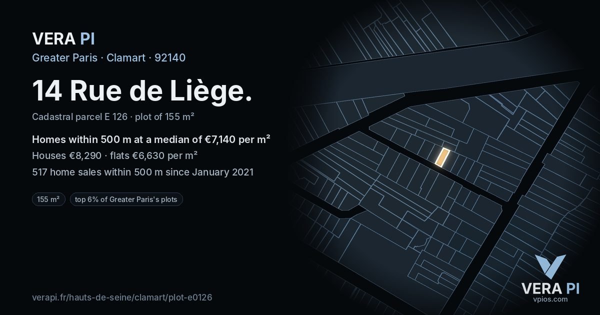 14 Rue de Liège, Clamart at night – the plot lit, the parcels around coloured by the prices near them