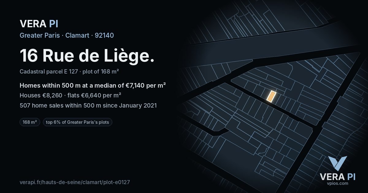 16 Rue de Liège, Clamart at night – the plot lit, the parcels around coloured by the prices near them