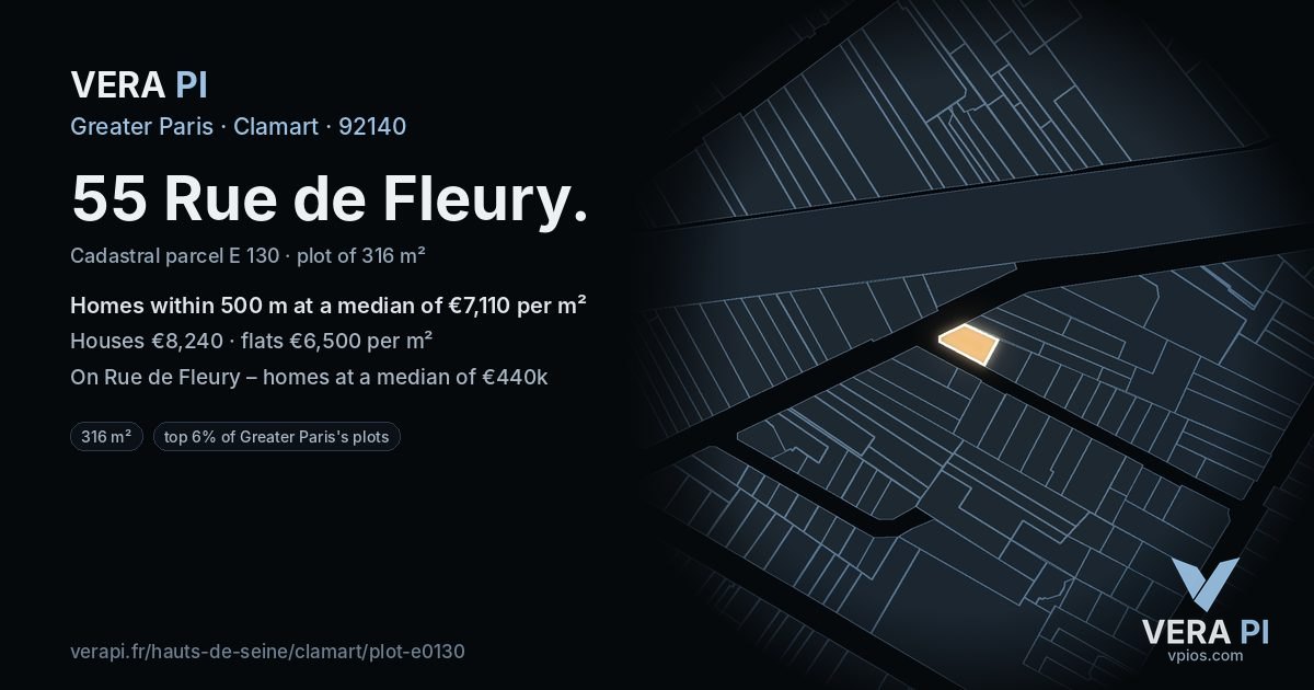 55 Rue de Fleury, Clamart at night – the plot lit, the parcels around coloured by the prices near them
